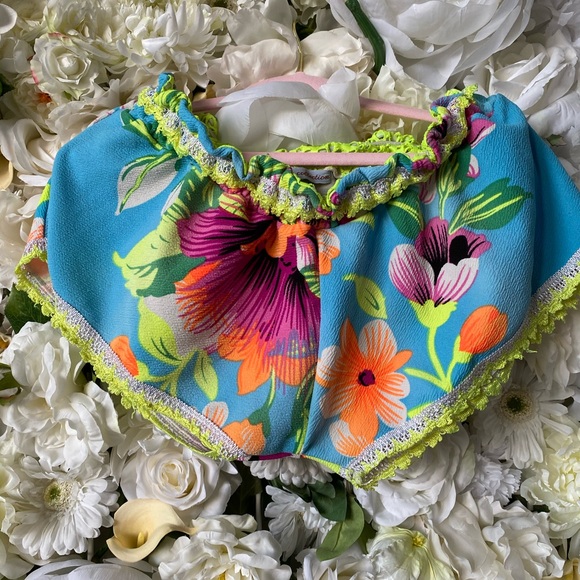 Floral Tropical Shorts Neon Blue & Yellow L - Picture 1 of 5